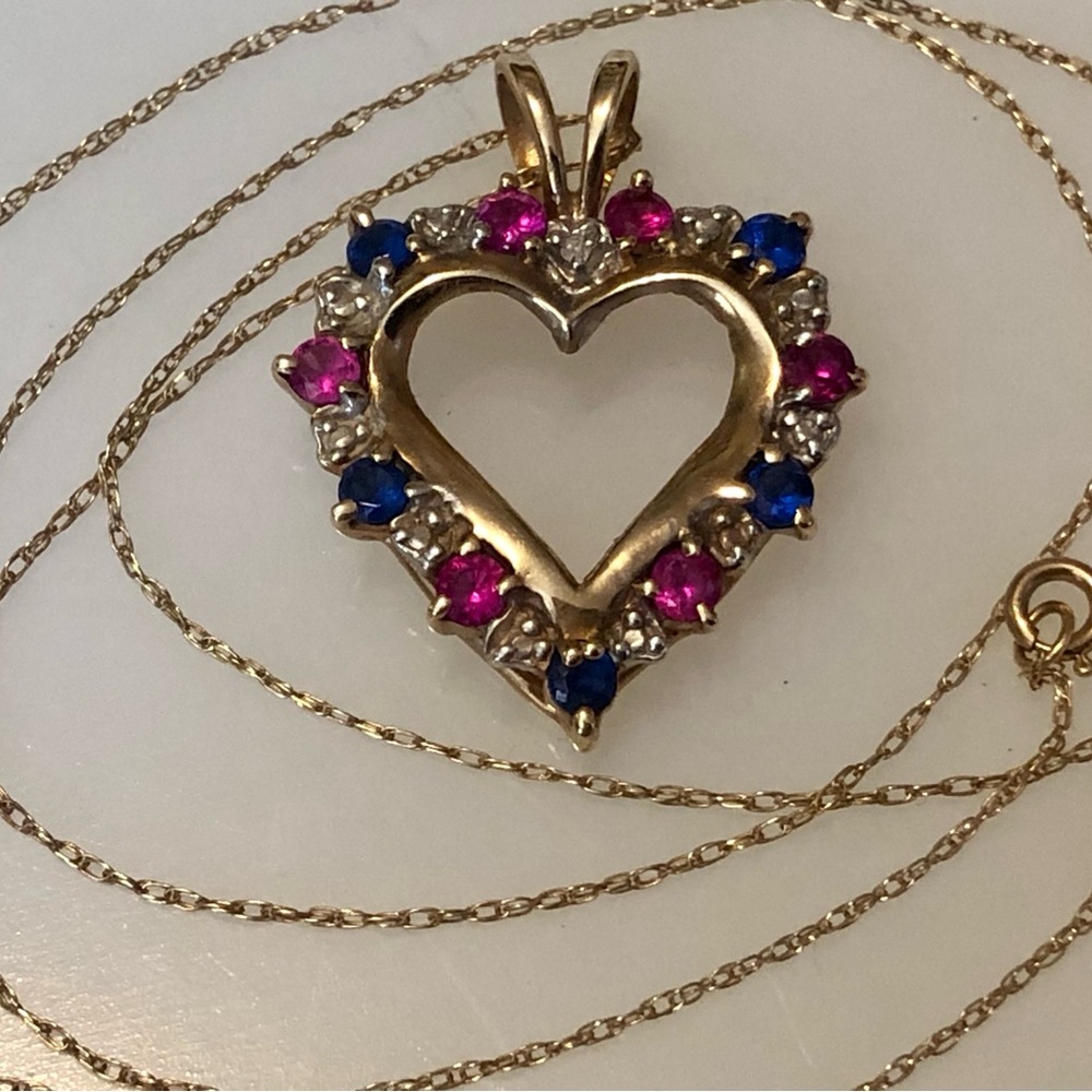 10K Gold Ruby Sapphire Diamond Heart Pendant With 10k Gold Chain Necklace